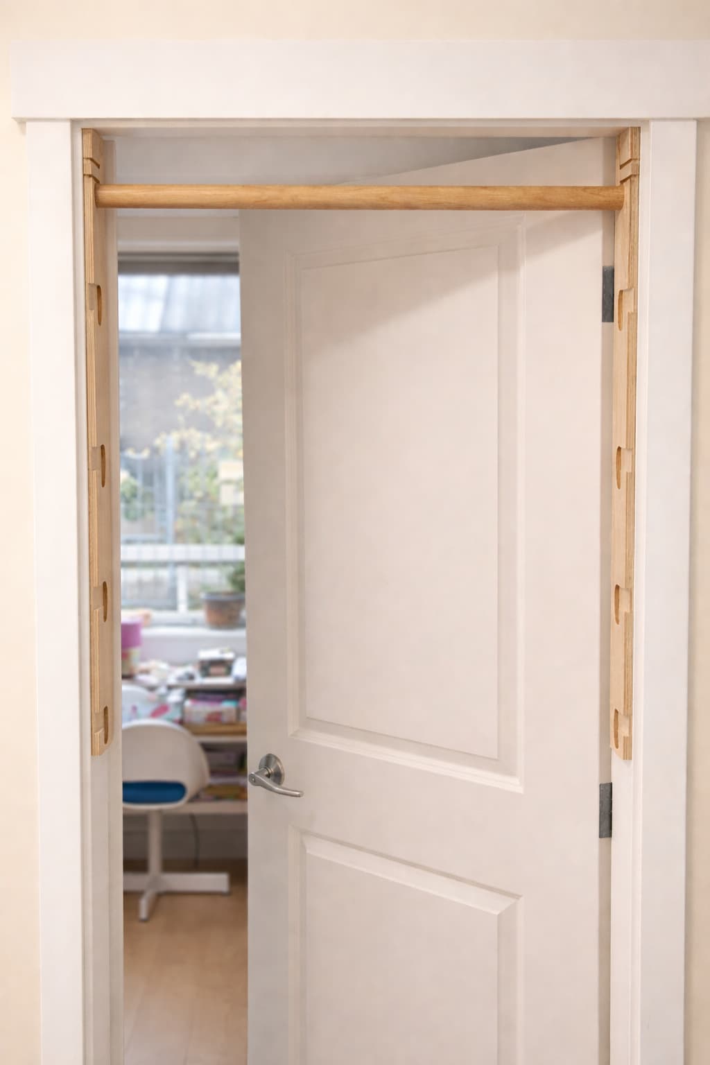 White door with pullup bar installed open